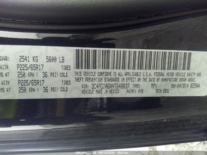 2017 Dodge Journey Se Awd VIN: 3C4PDDAGXHT648837 Lot: 39423334