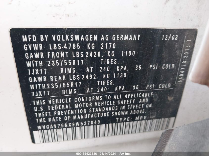2009 Volkswagen Tiguan Se VIN: WVGAV75NX9W527049 Lot: 39423336