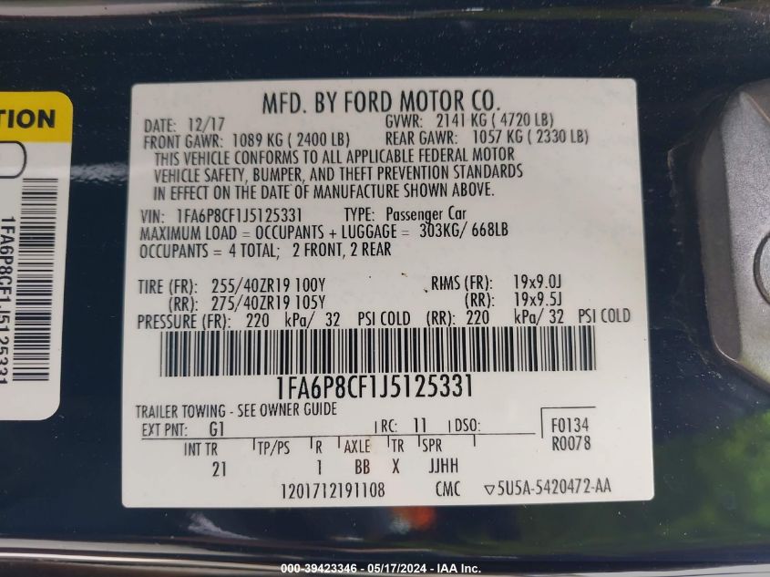 2018 Ford Mustang Gt VIN: 1FA6P8CF1J5125331 Lot: 39423346