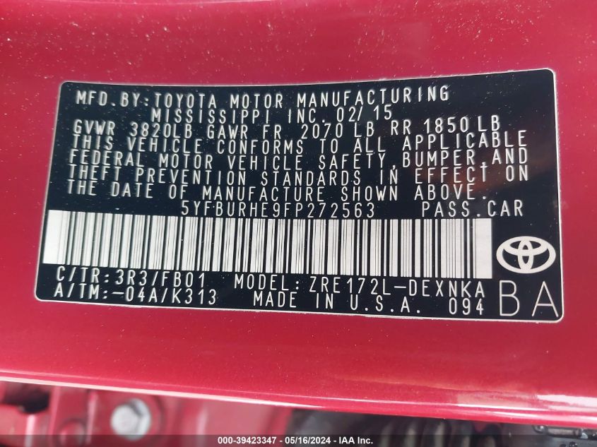 2015 Toyota Corolla Le VIN: 5YFBURHE9FP272563 Lot: 39423347