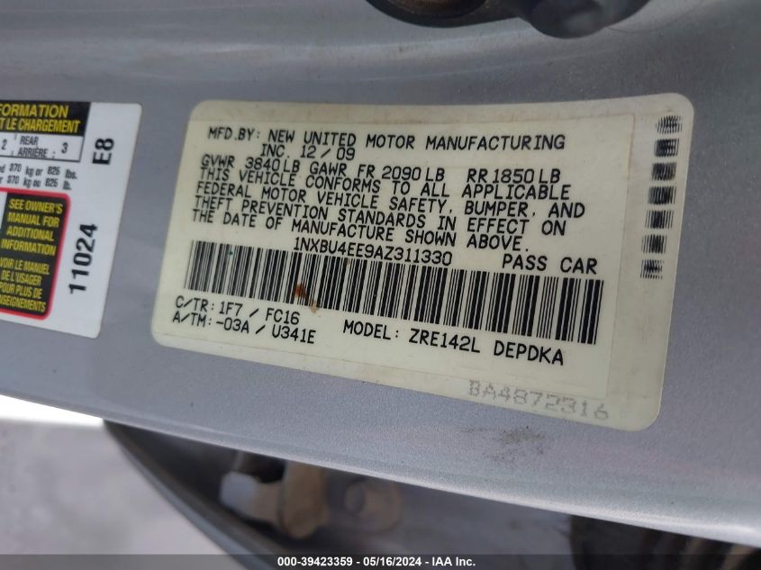 2010 Toyota Corolla Le VIN: 1NXBU4EE9AZ311330 Lot: 39423359