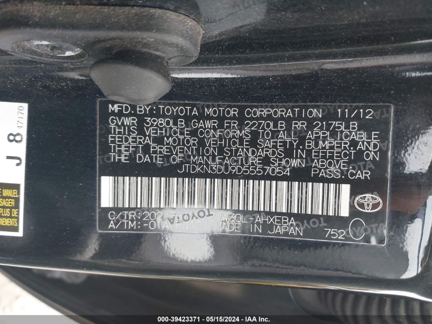 2013 Toyota Prius Two VIN: JTDKN3DU9D5557054 Lot: 39423371