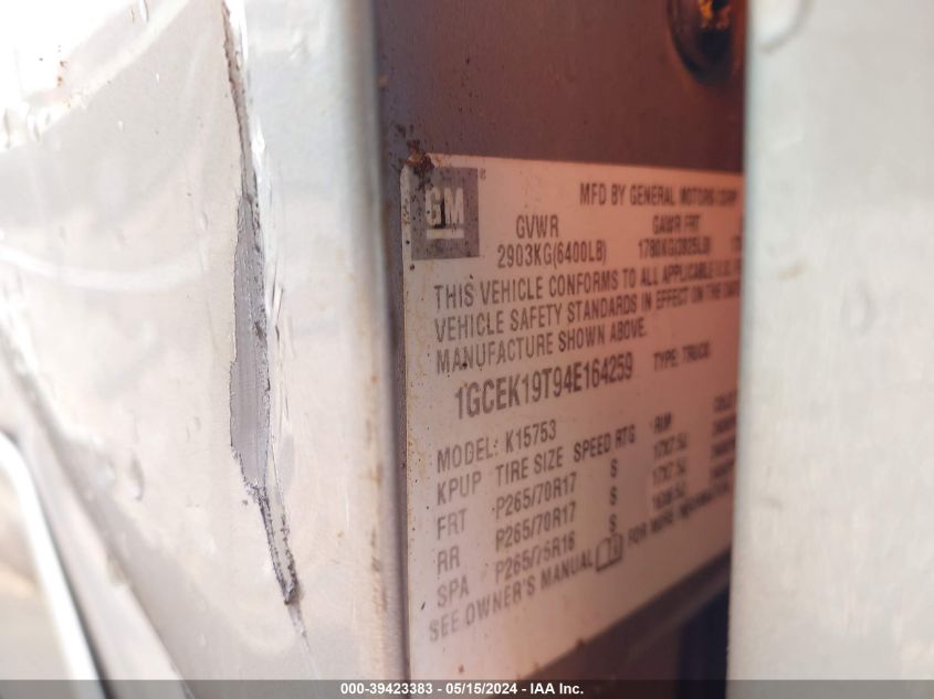 2004 Chevrolet Silverado 1500 Z71 VIN: 1GCEK19T94E164259 Lot: 39423383