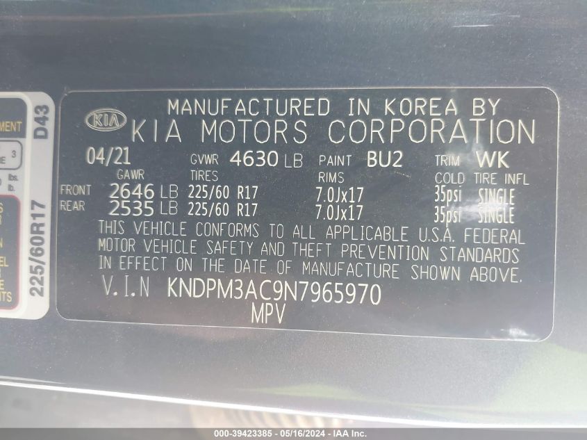 2022 Kia Sportage Lx VIN: KNDPM3AC9N7965970 Lot: 39423385