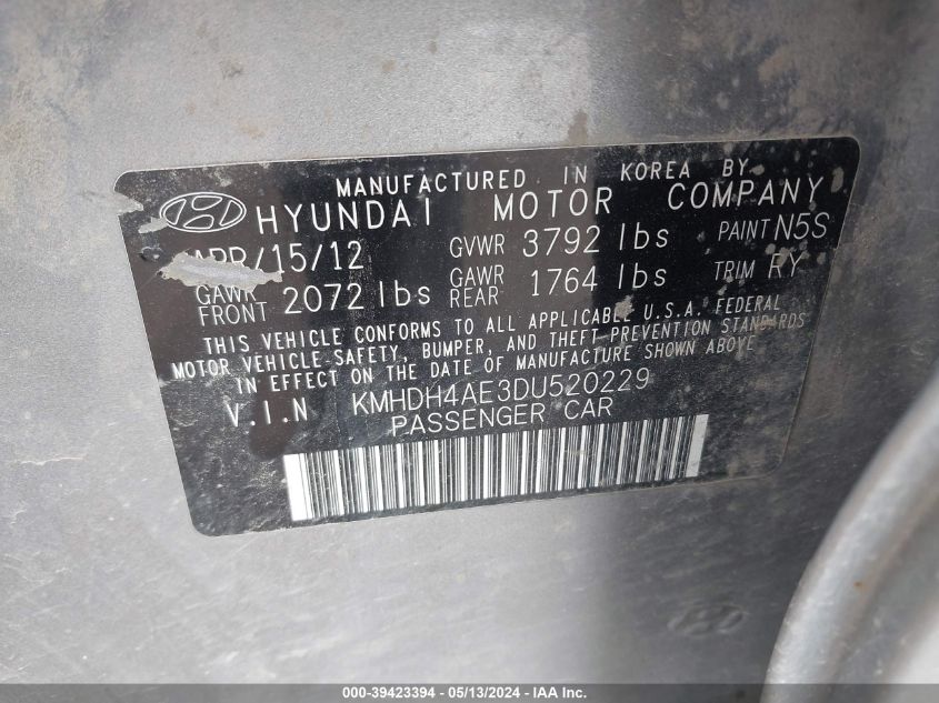 2013 Hyundai Elantra Limited VIN: KMHDH4AE3DU520229 Lot: 39423394