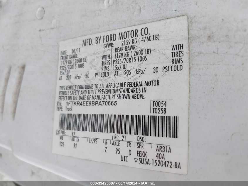 2011 Ford Ranger Xlt VIN: 1FTKR4EE9BPA70665 Lot: 39423397