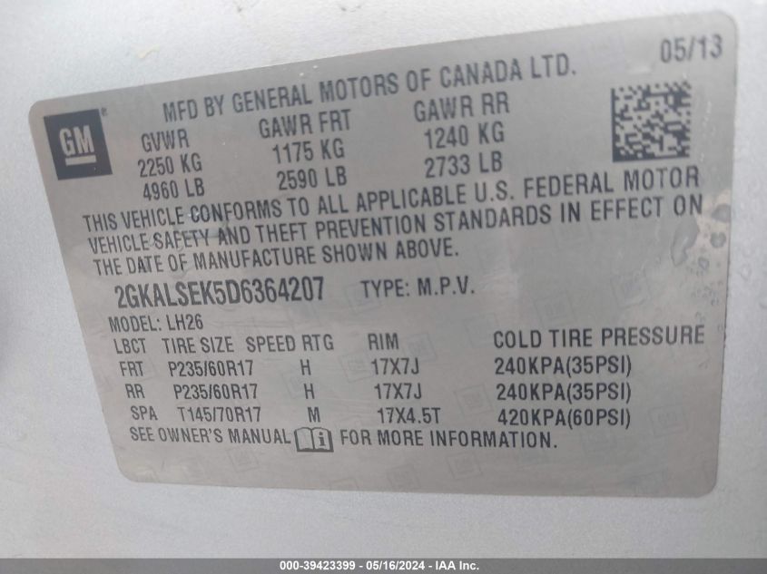 2013 GMC Terrain Sle-2 VIN: 2GKALSEK5D6364207 Lot: 39423399