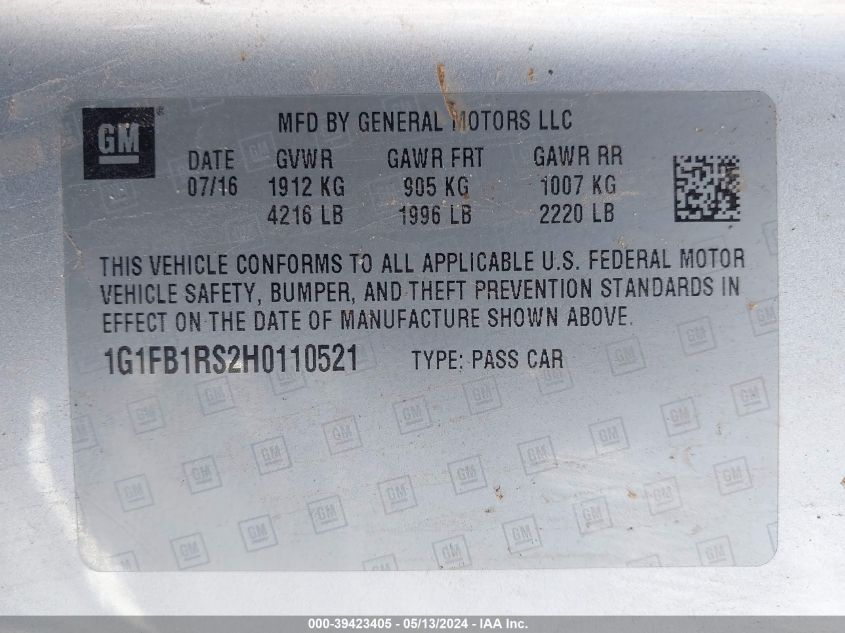 2017 Chevrolet Camaro 1Lt VIN: 1G1FB1RS2H0110521 Lot: 39423405