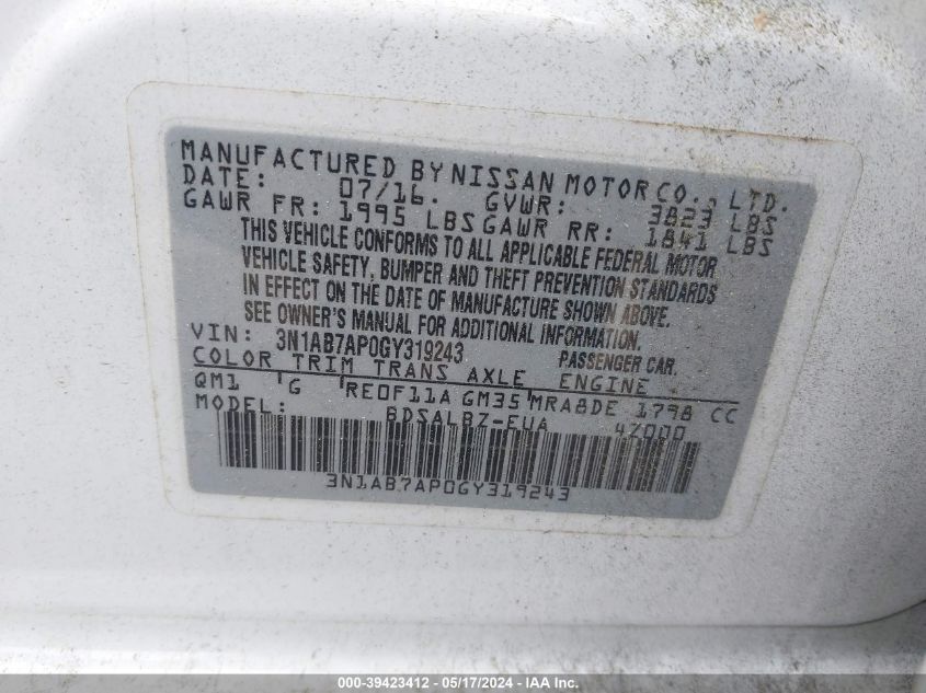 2016 Nissan Sentra S VIN: 3N1AB7AP0GY319243 Lot: 39423412