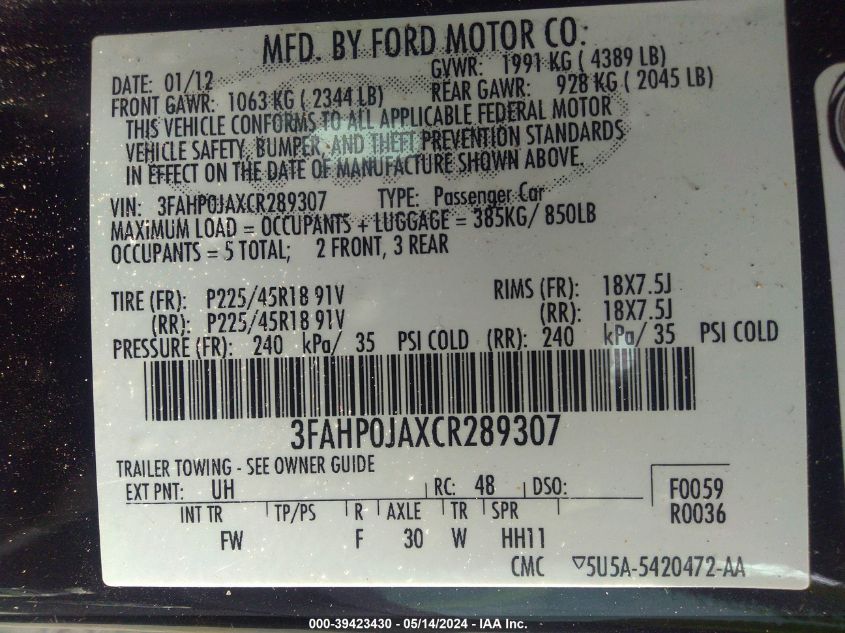 2012 Ford Fusion Sel VIN: 3FAHP0JAXCR289307 Lot: 39423430