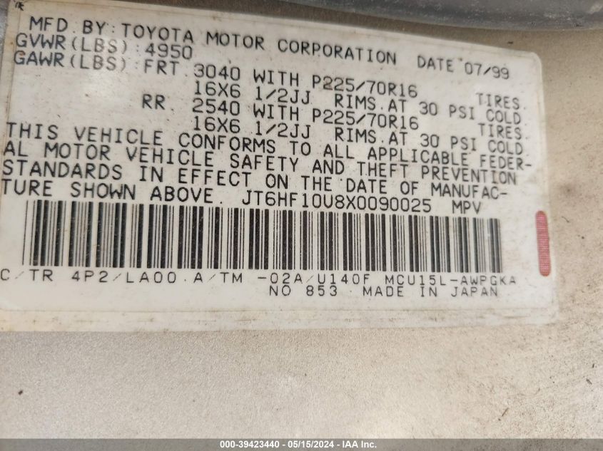 1999 Lexus Rx 300 VIN: JT6HF10U8X0090025 Lot: 39423440