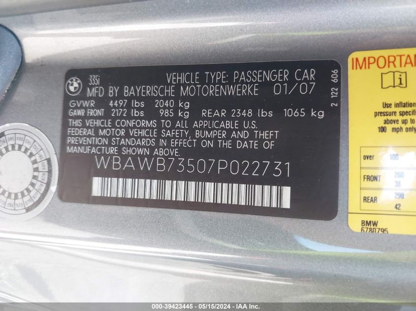 2007 BMW 335I VIN: WBAWB73507P022731 Lot: 39423445