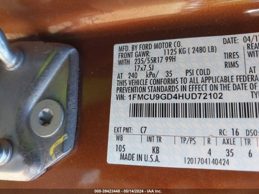 2017 Ford Escape Se VIN: 1FMCU9GD4HUD72102 Lot: 39423448