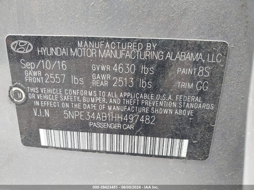 2017 Hyundai Sonata Sport 2.0T VIN: 5NPE34AB1HH497482 Lot: 39423451