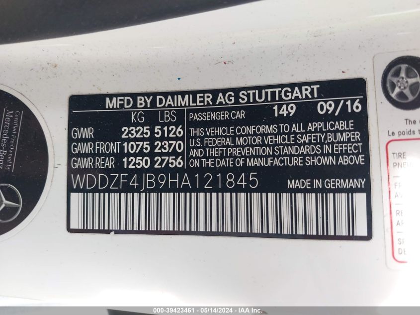 VIN WDDZF4JB9HA121845 2017 MERCEDES-BENZ E 300