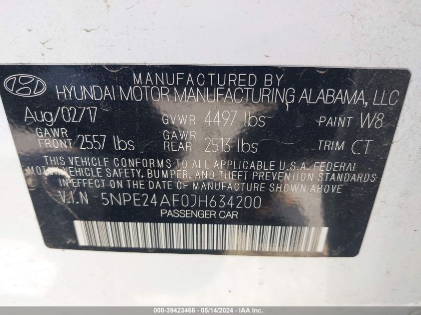 2018 Hyundai Sonata Se VIN: 5NPE24AF0JH634200 Lot: 39423466