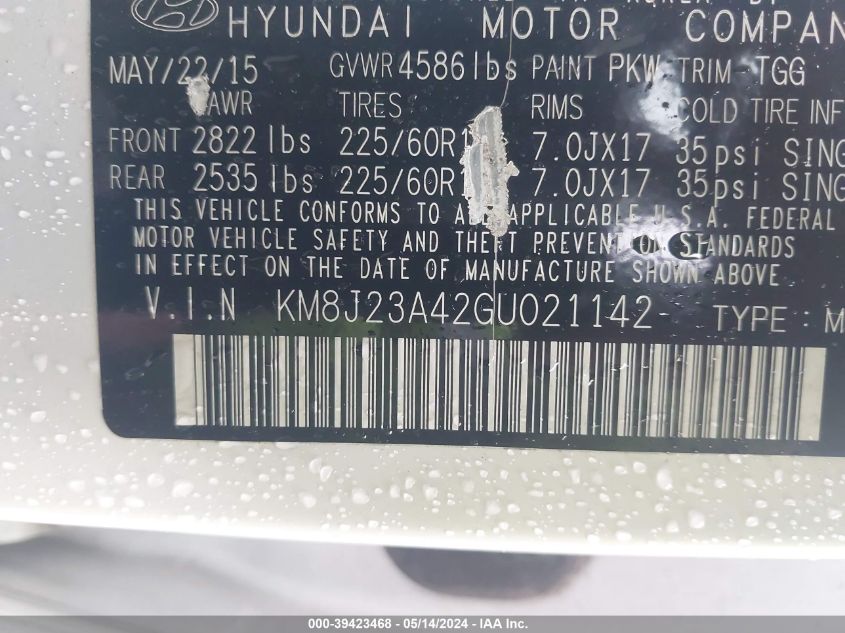 2016 Hyundai Tucson Se VIN: KM8J23A42GU021142 Lot: 39423468