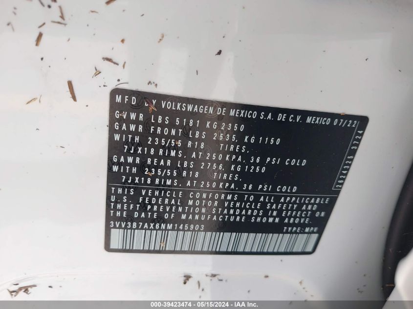 2022 VOLKSWAGEN TIGUAN 2.0T SE - 3VV3B7AX6NM145903