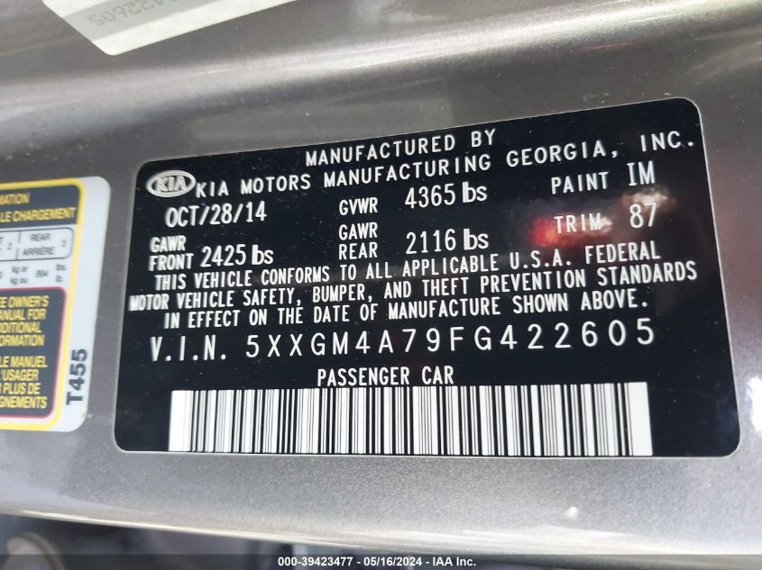 2015 Kia Optima Lx VIN: 5XXGM4A79FG42260 Lot: 39423477