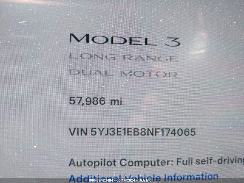 2022 Tesla Model 3 Long Range Dual Motor All-Wheel Drive VIN: 5YJ3E1EB8NF174065 Lot: 39423484