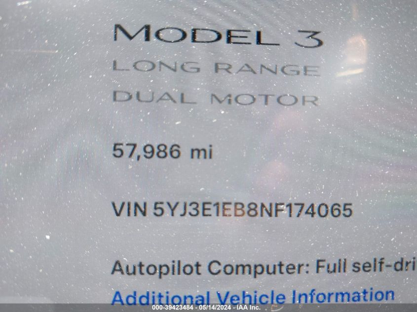 2022 Tesla Model 3 Long Range Dual Motor All-Wheel Drive VIN: 5YJ3E1EB8NF174065 Lot: 39423484