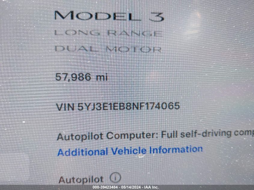 2022 Tesla Model 3 Long Range Dual Motor All-Wheel Drive VIN: 5YJ3E1EB8NF174065 Lot: 39423484