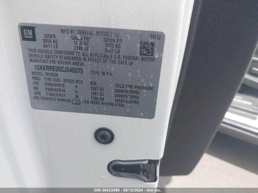 2012 GMC Acadia Slt-1 VIN: 1GKKRRED5CJ345073 Lot: 39423499