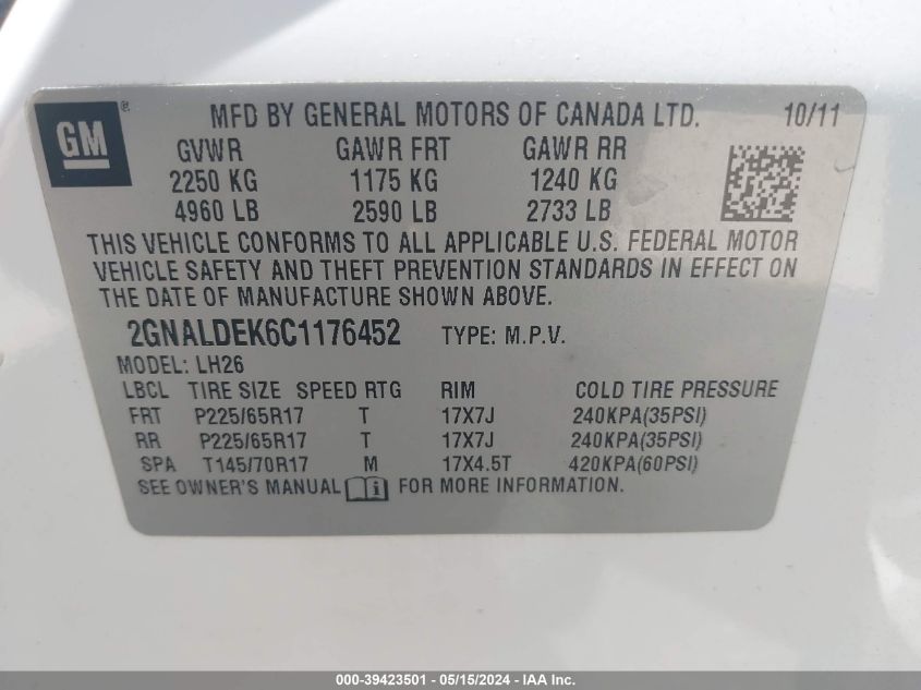 2012 Chevrolet Equinox 1Lt VIN: 2GNALDEK6C1176452 Lot: 39423501