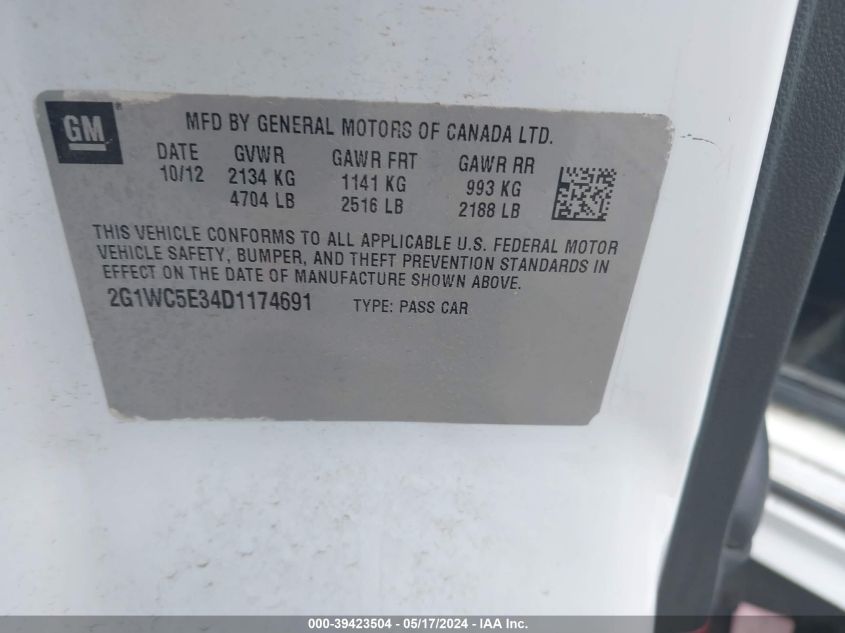 2013 Chevrolet Impala Ltz VIN: 2G1WC5E34D1174691 Lot: 39423504