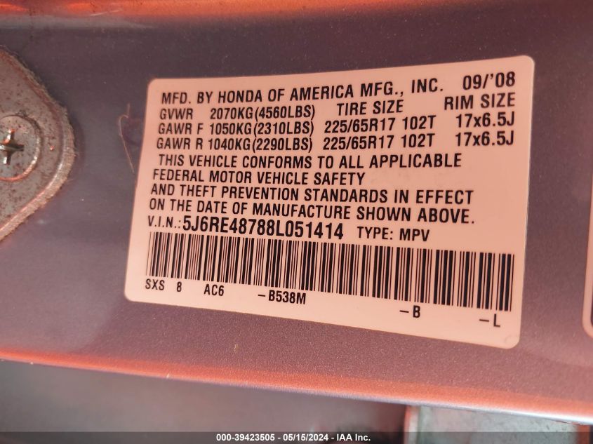 2008 Honda Cr-V Ex-L VIN: 5J6RE48788L051414 Lot: 39423505