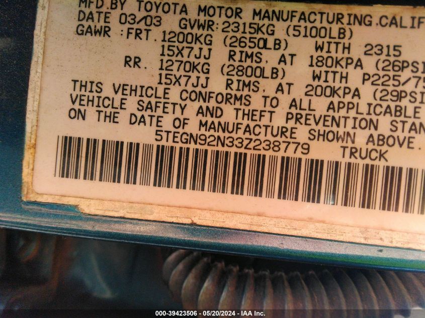 2003 Toyota Tacoma Prerunner V6 VIN: 5TEGN92N33Z238779 Lot: 39423506