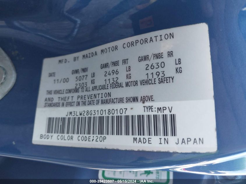 2001 Mazda Mpv Dx/Es/Lx VIN: JM3LW28G310180107 Lot: 39423507