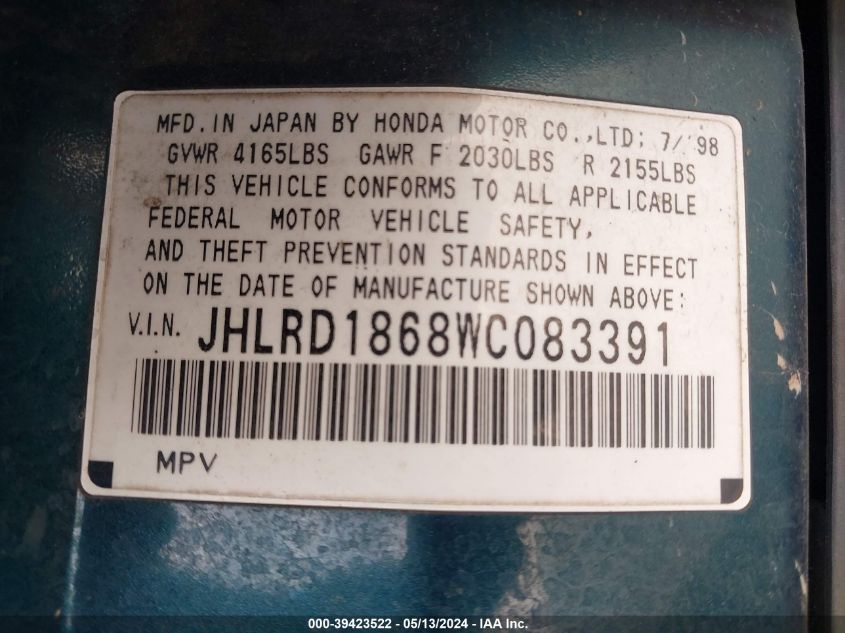 1998 Honda Cr-V Ex VIN: JHLRD1868WC083391 Lot: 39423522