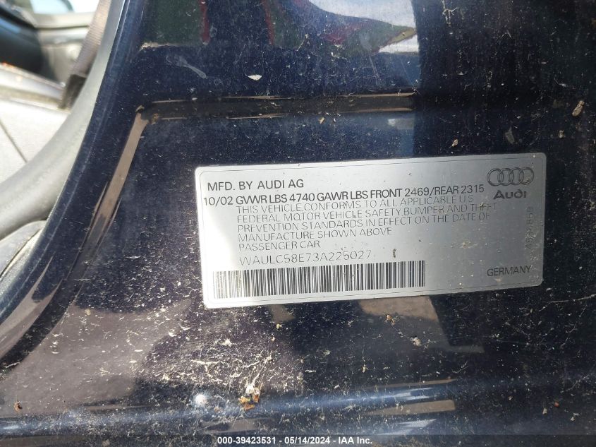 2003 Audi A4 1.8T VIN: WAULC58E73A225027 Lot: 39423531