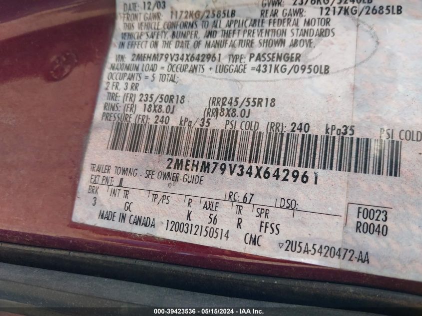 2004 Mercury Marauder VIN: 2MEHM79V34X642961 Lot: 39423536