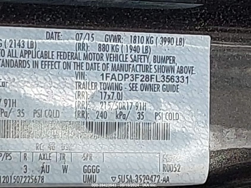 2015 Ford Focus Se VIN: 1FADP3F28FL356331 Lot: 39423543