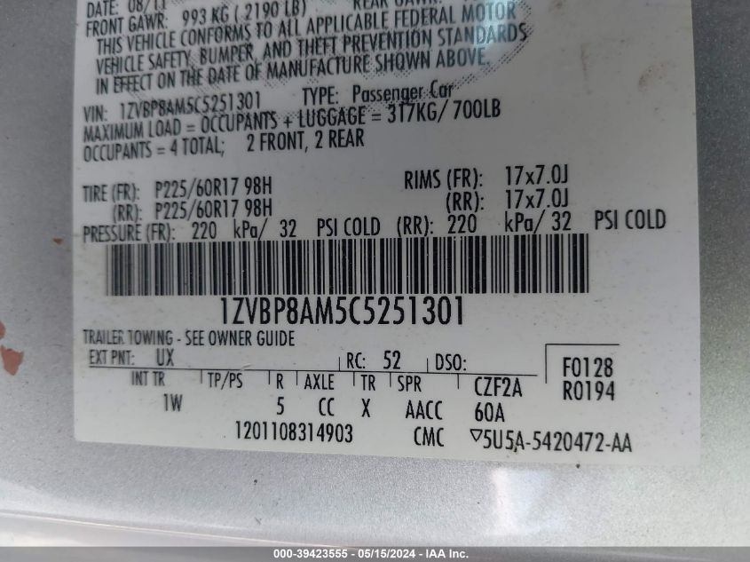 2012 Ford Mustang V6 VIN: 1ZVBP8AM5C5251301 Lot: 39423555