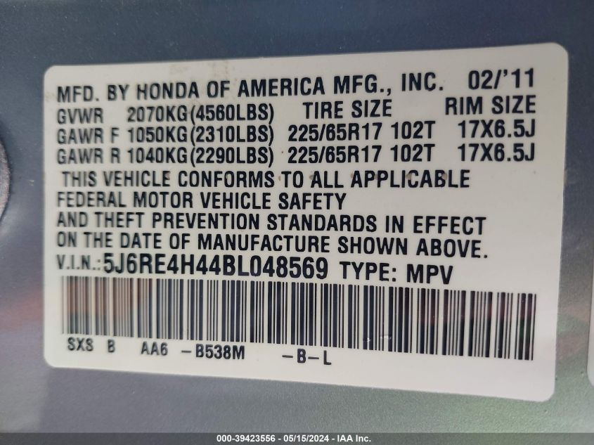 2011 Honda Cr-V Se VIN: 5J6RE4H44BL048569 Lot: 39423556