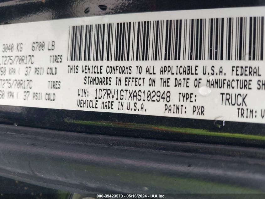 2010 Dodge Ram 1500 Slt/Sport/Trx VIN: 1D7RV1GTXAS102948 Lot: 39423570