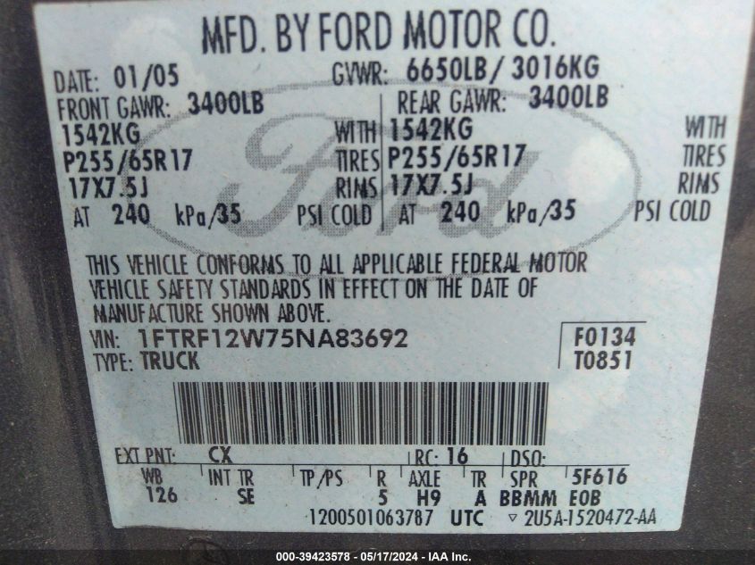 2005 Ford F-150 Stx/Xl/Xlt VIN: 1FTRF12W75NA83692 Lot: 39423578