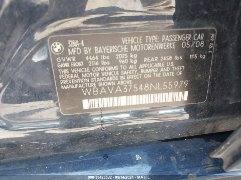 2008 BMW 328I VIN: WBAVA37548NL55979 Lot: 39423582