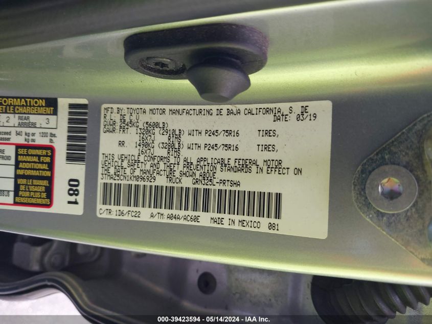 2019 Toyota Tacoma Sr5 V6 VIN: 3TMAZ5CN1KM096929 Lot: 39423594