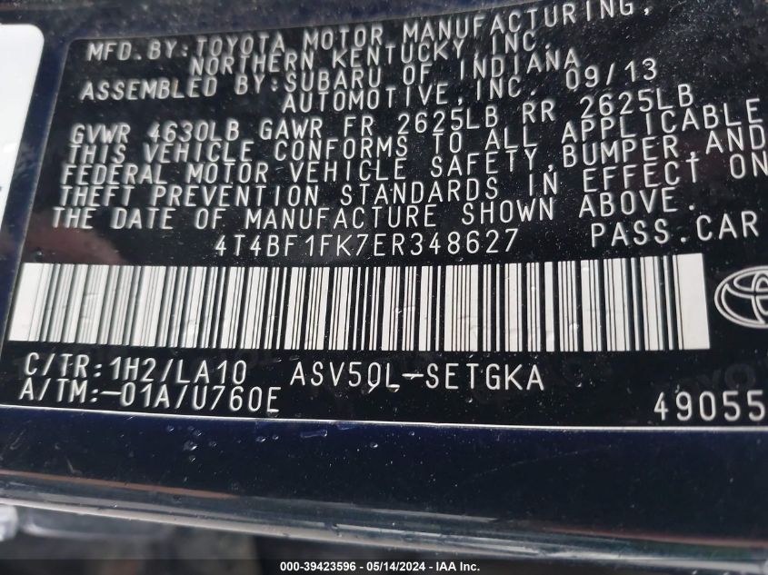 2014 Toyota Camry Xle VIN: 4T4BF1FK7ER348627 Lot: 39423596