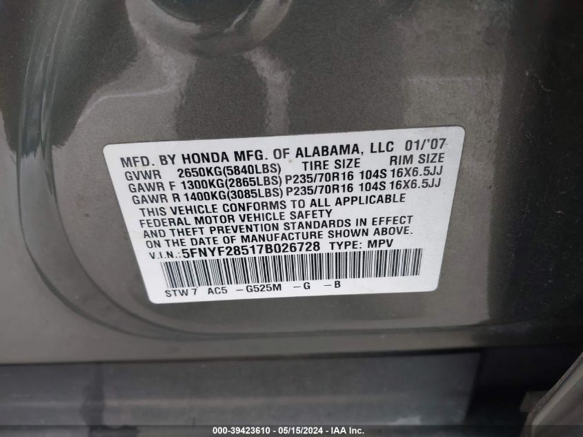 2007 Honda Pilot Ex-L VIN: 5FNYF28517B026728 Lot: 39423610