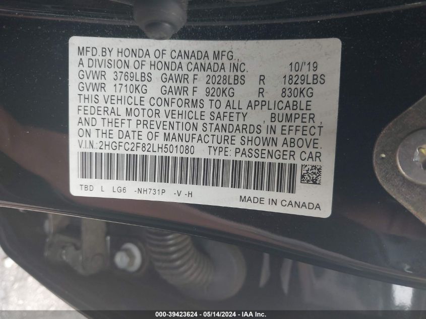 2020 Honda Civic Sport VIN: 2HGFC2F82LH501080 Lot: 39423624