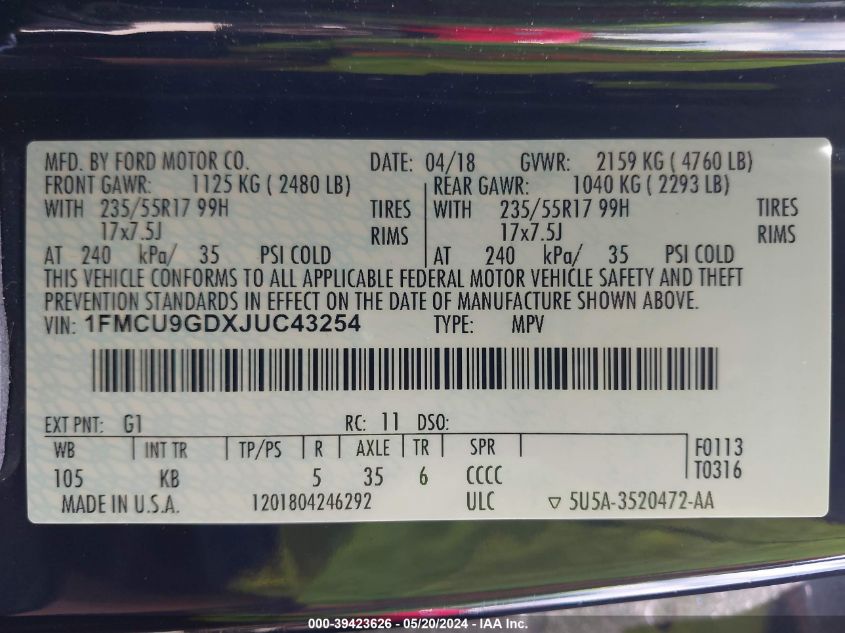 2018 Ford Escape Se VIN: 1FMCU9GDXJUC43254 Lot: 39423626