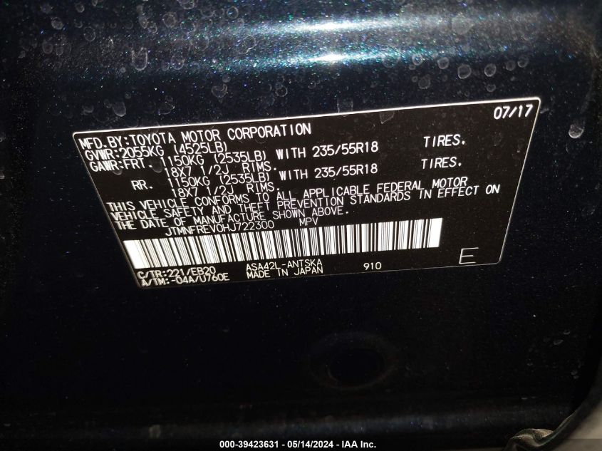 2017 Toyota Rav4 Se VIN: JTMNFREV0HJ722300 Lot: 39423631