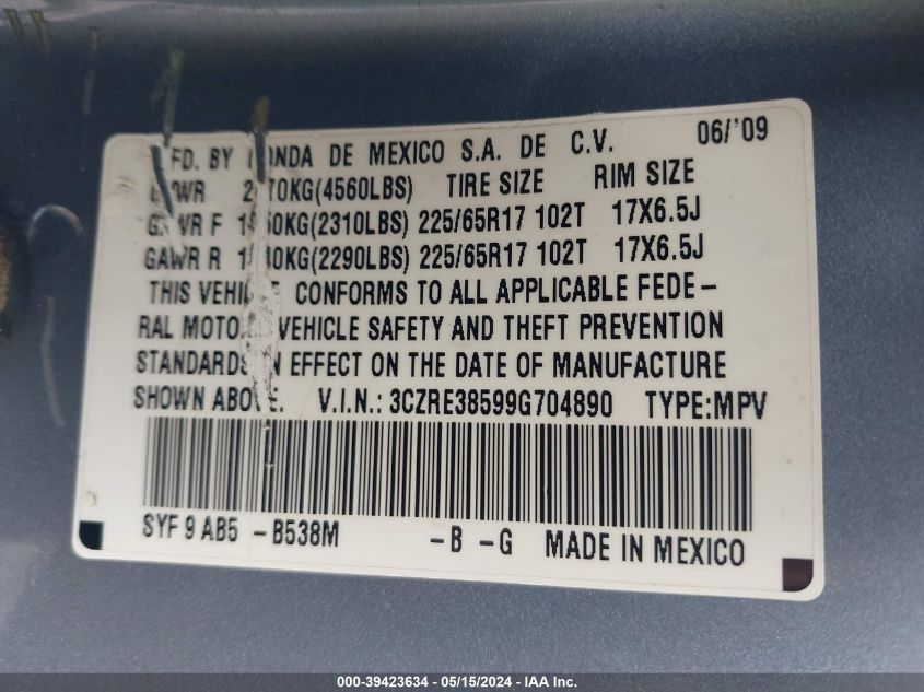 2009 Honda Cr-V Ex VIN: 3CZRE38599G704890 Lot: 39423634