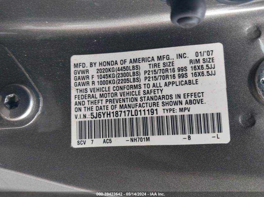 2007 Honda Element Ex VIN: 5J6YH18717L011191 Lot: 39423642