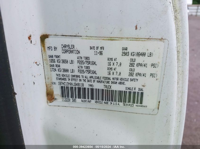 1997 Dodge Ram 1500 St VIN: 1B7HC13Y0VJ549118 Lot: 39423654